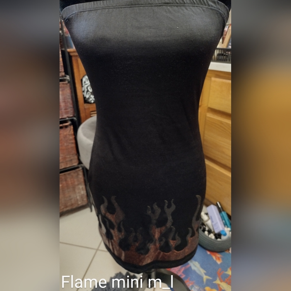 Black Dress with Flame Design/Tube Bodycon/ SZ M-L/ Stretch/ See Pics/ Vintage